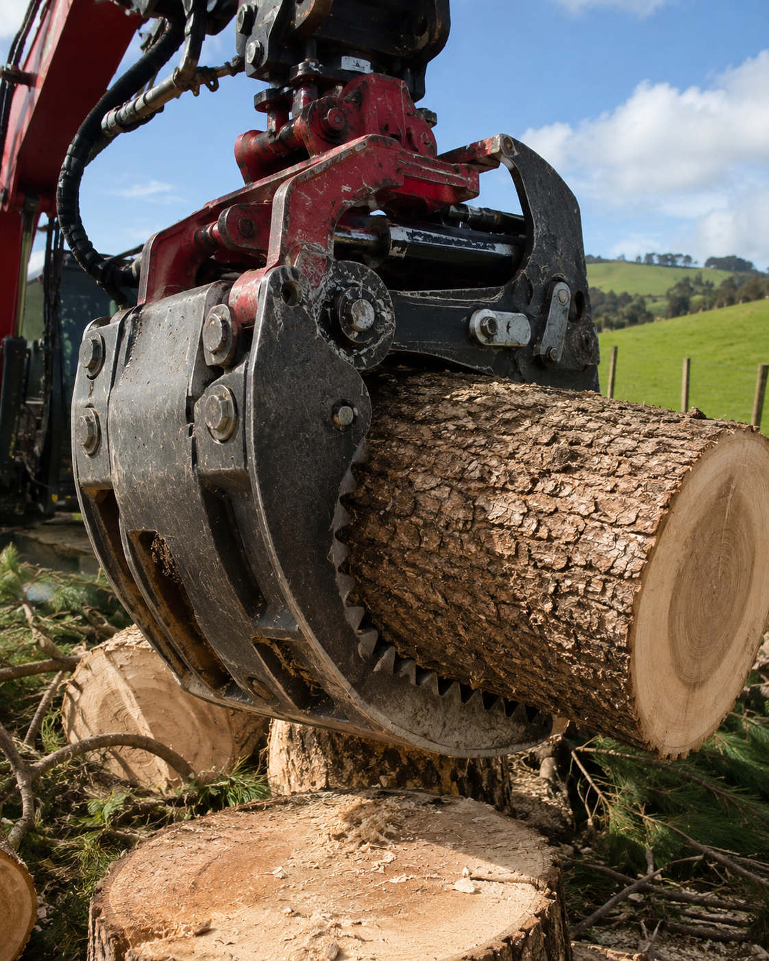 Grapple saw claw gripping log Waikato New Zealand